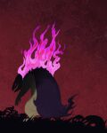  commentary_request fangs fire futena_goze grass highres hisuian_typhlosion hunched_over no_humans open_mouth pokemon pokemon_(creature) purple_fire red_background solo standing 