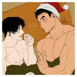  2boys artist_name bara bed bed_sheet biceps black_hair blush christmas couple jewelry kashikahaya large_pectorals looking_at_another lying male_focus multiple_boys muscular muscular_male nipples original pectoral_cleavage pectorals ring scar sideburns speech_bubble thick_eyebrows topless topless_male yaoi 