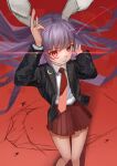  1girl absurdres animal_ears crescent crescent_pin henginnnnnn highres jacket long_hair long_sleeves necktie pleated_skirt purple_hair rabbit_ears red_background red_eyes red_neckwear reisen_udongein_inaba shirt skirt solo touhou very_long_hair 