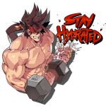  1boy abs bara bare_pectorals biceps brown_hair dumbbell flexing guilty_gear headband large_pectorals long_hair male_focus muscular muscular_male na_insoo nipples pectorals pose smile sol_badguy spiked_hair text_focus topless topless_male water 