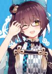  1girl absurdres bashamichi_hagemi blue_background blush borumete bow breasts brown_hair facing_viewer gear_hair_ornament glasses hair_bow highres indie_virtual_youtuber looking_to_the_side multicolored_background one_eye_closed pale_skin smile virtual_youtuber white_background yellow_eyes 