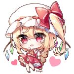  1girl animal_ears artist_name ascot bangs bear_ears blonde_hair blush bow brown_footwear collared_shirt commentary_request crystal dark_skin eyebrows_visible_through_hair eyes_visible_through_hair fang flandre_scarlet frills hair_between_eyes hand_up hat hat_bow heart highres jewelry leg_up looking_to_the_side mob_cap multicolored_wings one_side_up open_mouth pink_eyes pink_heart pudding_(skymint_028) puffy_short_sleeves puffy_sleeves red_bow red_skirt red_vest shirt shoes short_hair short_sleeves simple_background skirt smile solo standing standing_on_one_leg stuffed_animal stuffed_toy teddy_bear tongue touhou toy vest white_background white_headwear white_shirt wings wrist_cuffs yellow_ascot 