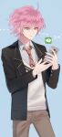  ! 1boy black_suit blue_background dear_vocalist grey_hair highres holding holding_phone long_sleeves looking_at_phone looking_down male_focus necktie pale_skin phone pink_hair ptping re-o-do shirt solo text_messaging white_shirt 