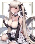  1girl absurdres azur_lane bangs bare_shoulders between_breasts black_dress blush breasts cleavage detached_collar dress formidable_(azur_lane) frilled_dress frills grey_hair highres jademoon large_breasts long_hair looking_at_viewer neck_ribbon red_eyes ribbon sitting solo twintails two-tone_dress two-tone_ribbon very_long_hair wariza white_dress 