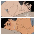  2boys artist_name bara bed bed_sheet black_hair blush kashikahaya large_pectorals male_focus multiple_boys muscular muscular_male nipples original pectoral_cleavage pectorals pillow scar scar_on_face sideburns smile thick_eyebrows topless yaoi 