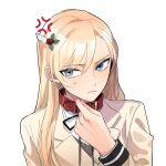  1girl anger_vein animal_collar bangs black_ribbon blonde_hair blue_eyes brown_jacket closed_mouth collar collared_shirt commentary_request eyebrows_visible_through_hair flower frown hair_between_eyes hair_flower hair_ornament hand_up highres jacket kani_uni korean_commentary long_hair long_sleeves looking_at_viewer neck_ribbon red_collar red_flower red_rose ribbon rose school_uniform shiny shiny_hair shirt shoujo_kageki_revue_starlight shoujo_kageki_revue_starlight_-re_live- simple_background solo sweatdrop swept_bangs upper_body white_background white_shirt yumeoji_fumi 