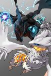  battle blue_eyes breathing_fire claws colored_sclera commentary_request electricity energy_ball fire futena_goze glowing grey_background grey_eyes highres no_humans pokemon pokemon_(creature) red_sclera reshiram white_fur zekrom 