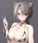  1girl absinthe_(arknights) animal_ears arknights arrow_(symbol) bangs bare_shoulders bear_ears bell black_choker blush bottle breasts choker chun_bae collarbone commentary grey_background grey_hair hair_between_eyes hand_up highres holding holding_bottle huge_breasts long_hair looking_at_viewer milk_bottle neck_bell nose_blush red_eyes simple_background solo upper_body 