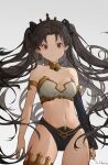  1girl absurdres armlet artist_name bangs bikini black_bow black_hair bow breasts cleavage closed_mouth cowboy_shot detached_collar detached_sleeves earrings fate/grand_order fate_(series) gold_trim grey_background hair_bow highres hoop_earrings ishtar_(fate) jewelry long_hair looking_at_viewer mismatched_bikini muyu713 navel parted_bangs red_eyes single_detached_sleeve small_breasts solo swimsuit thighlet tiara twintails 