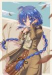  1girl ahoge bangs blue_eyes blue_hair blurry blurry_foreground braid brown_coat checkered_clothes checkered_scarf coat eyebrows_visible_through_hair floating_hair floral_print hair_between_eyes hand_in_hair highres honba_misaki long_hair long_sleeves looking_at_viewer medium_skirt mushoku_tensei open_clothes open_coat open_mouth orange_skirt print_skirt roxy_migurdia scarf shiny shiny_hair skirt solo standing sweater twin_braids twintails very_long_hair white_sweater wind 
