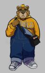  2022 anthro black_nose blush brown_body clothing eyewear food fruit glasses hoodie humanoid_hands kemono kumamikan male mammal orange_(fruit) overalls overweight overweight_male plant simple_background solo topwear ursid 