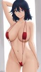  1girl absurdres arm_behind_head arm_up ass_visible_through_thighs backlighting bangs bare_shoulders black_hair blue_eyes blush breasts collarbone highres kill_la_kill large_breasts looking_at_viewer matoi_ryuuko multicolored_hair navel red_hair red_swimsuit short_hair slingshot_swimsuit smile solo streaked_hair swimsuit thighs zaphn 