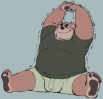  00murice 2022 anthro bottomwear clothing eyes_closed kemono male mammal overweight overweight_male shirt shorts simple_background sitting solo stretching topwear ursid 