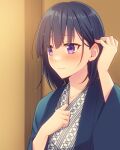  1girl bangs black_hair blunt_bangs blush highres iori_rio japanese_clothes kimono kiryuuin_aoi purple_eyes umamusume yukata 