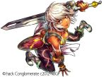  .hack// .hack//games 1girl armor bikini_armor black_rose_(.hack//) breasts closed_mouth dark-skinned_female dark_skin facial_mark full_body guilty_dragon looking_at_viewer menskan official_art pantyhose red_eyes short_hair simple_background solo sword tattoo weapon white_background 