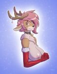  2022 anthro antlers armwear bell bell_collar big_breasts black_nose blush breasts brown_body brown_fur bust_portrait capreoline cervid clothing collar conditional_dnp dazzler_(kadath) ear_piercing eyeshadow female fur fur_trim_(clothing) hair hi_res horn kadath looking_at_viewer makeup mammal nipple_piercing nipple_ring nipples piercing pink_hair portrait reindeer smile solo 