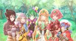  5girls bangs breasts chest_jewel drawing green_hair headpiece highres large_breasts morag_ladair_(xenoblade) multiple_girls mythra_(xenoblade) nia_(xenoblade) pandoria_(xenoblade) poppi_(xenoblade) pyra_(xenoblade) red_eyes red_hair red_shorts short_hair shorts sofusan1526 swept_bangs tiara xenoblade_chronicles_(series) xenoblade_chronicles_2 