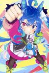  1girl @_@ ahoge animal_ears bangs blue_eyes blue_hair boots brown_legwear crossed_bangs from_above full_body hand_on_hip heterochromia highres hood hoodie horse_ears long_hair long_sleeves looking_at_viewer open_mouth pink_eyes raised_fist sarachi_(sara_dayluv) sharp_teeth smile solo standing stuffed_animal stuffed_bunny stuffed_toy teeth twin_turbo_(umamusume) twintails umamusume yellow_footwear 