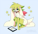  alistorial anthro breasts crouching digital_media_(artwork) drawing_tablet elia_(alistorial) featureless_breasts female fur legendary_pok&eacute;mon looking_at_viewer mammal nintendo pawpads paws pen pok&eacute;mon pok&eacute;mon_(species) shaymin simple_background sky_forme_shaymin solo video_games watermark white_body white_fur 