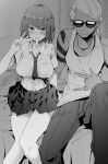  1boy 1girl bralines breasts brother_and_sister dark-skinned_male dark_skin food greyscale highres ice_cream large_breasts monochrome mouth_hold necktie original ryouma_(galley) school_uniform see-through siblings sunglasses tank_top tattoo tupet v 