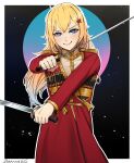  1girl artist_name bangs blonde_hair blue_eyes blush closed_mouth commission cossack darkpulsegg english_commentary eyebrows_visible_through_hair girls&#039;_frontline hair_ornament holding holding_sword holding_weapon lips long_hair looking_at_viewer moon mosin-nagant_(girls&#039;_frontline) red_uniform russian_clothes saber_(weapon) shashka simple_background smile solo standing star_(symbol) star_hair_ornament sword uniform weapon 