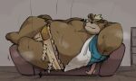  131_usagino 2022 anthro ashigara belly bodily_fluids brown_body eyes_closed furniture hi_res kemono lifewonders lying lying_on_another male mammal overweight overweight_male sofa solo_focus sweat tokyo_afterschool_summoners ursid video_games 