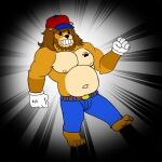  1:1 4_toes 5_fingers anthro barazoku beard belly bottomwear chest_tattoo chibi clothing facial_hair fafnir_stardust_(artist) feet fingers hair hat headgear headwear hybrid lionbear long_hair male mammal musclegut muscular muscular_anthro muscular_male pants pecs smile solo tattoo toes toony ursid yasser_(lionbear) 