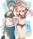  2girls absurdres adjusting_eyewear bare_shoulders beach bikini blue_bikini blue_hair blue_sarong blue_umbrella blush boat bone_suyasuya braid breasts cleavage closed_mouth commentary_request cowboy_shot crown_braid day eyewear_on_head fire_emblem fire_emblem:_three_houses fire_emblem_heroes highres hilda_valentine_goneril holding holding_umbrella horizon licking_lips linea_alba marianne_von_edmund medium_breasts multiple_girls navel ocean off-shoulder_bikini off_shoulder official_alternate_costume outdoors parasol parted_lips pink-tinted_eyewear pink_eyes pink_hair puffy_short_sleeves puffy_sleeves red_bikini sand_castle sand_sculpture sarong short_sleeves sidelocks smile sunglasses swimsuit tinted_eyewear tongue tongue_out twintails umbrella watercraft yuri 