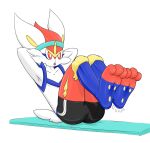  absurd_res ambiguous_gender anthro big_ears big_legs blue_body blue_fur bottomwear cinderace clothing exercise exercise_clothing feet foot_focus fur hi_res mr_fuwa nintendo paws pok&eacute;mon pok&eacute;mon_(species) red_body red_eyes red_fur shorts simple_background solo thick_thighs video_games yellow_body yellow_fur 