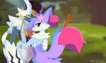  5:3 accessory alistorial anthro braixen breasts canid canine clothing digital_media_(artwork) duo embrace featureless_breasts felid female flower flower_in_hair fur green_body hair hair_accessory hat headgear headwear hug inner_ear_fluff legendary_pok&eacute;mon looking_at_viewer male male/female mammal nintendo outside plant platinum_(armana) pok&eacute;mon pok&eacute;mon_(species) purple_body purple_fur red_body red_fur scarf shiny_pok&eacute;mon tuft video_games watermark white_body white_fur wisp_(alistorial) yellow_body yellow_eyes zeraora 