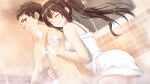  1boy 1girl alpha_(yukai_na_nakamatachi) bathroom boku_no_hitori_sensou brown_eyes brown_hair clenched_teeth closed_eyes clothed_female_nude_male floating_hair game_cg indoors inuzuka_rumi long_hair naked_towel nude satomi_renji shiny shiny_hair short_hair teeth towel very_long_hair washing_back 