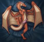 bed chivaran dragon feral furniture genitals hi_res male nude orange_body orange_scales paws penis scales solo wings 
