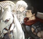  2boys armor armored_animal bangs barding berserk black_hair blurry cape closed_mouth depth_of_field dragonslayer_(sword) eye_contact face-to-face griffith_(berserk) guts_(berserk) highres horseback_riding leaning_forward leaning_on_person long_hair looking_at_another male_focus multiple_boys muscular muscular_male pauldrons profile red_cape red_eyes riding scar scar_on_face scar_on_nose shoulder_armor sleeveless sword thisuserisalive upper_body wavy_hair weapon white_cape white_hair 