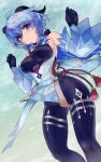  1girl artist_name bare_shoulders blue_hair breasts detached_sleeves eyebrows_visible_through_hair feet_out_of_frame ganyu_(genshin_impact) genshin_impact gloves hair_between_eyes highres horns kojima_(blue_stardust) leotard looking_at_viewer medium_breasts pantyhose smile solo watermark 