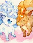  alolan_vulpix animal_focus brown_eyes closed_eyes commentary_request creature full_body looking_at_viewer multiple_tails no_humans open_mouth pokemon pokemon_(creature) simple_background smile tail vulpix yamanashi_taiki 