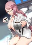  1girl bangs belt blush breasts chaldea_uniform cleavage coffee coffee_mug collarbone cup endou_(zettai_bluenoid) fate/grand_order fate_(series) glasses highres koyanskaya_(fate) large_breasts long_hair long_sleeves looking_at_viewer mug naked_shirt on_bed open_clothes open_shirt pillow pink_hair shirt sitting smile solo swept_bangs tamamo_(fate) thighs white_shirt yellow_eyes 