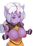  areola big_breasts breasts clothed clothing dress exposed_breasts female female_focus gloves hair handwear horn horned_humanoid humanoid humanoid_pointy_ears inverted_nipples league_of_legends long_hair nipples open_mouth pack_of_inu ponytail purple_body purple_skin riot_games shy simple_background solo soraka standing tattoo tongue video_games white_background white_hair yellow_eyes 