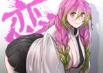  1girl all_fours ass bent_over braid breasts butcherboy cleavage coat frilled_skirt frills green_eyes green_hair kanroji_mitsuri kimetsu_no_yaiba large_breasts long_hair looking_at_viewer military military_uniform mole mole_under_eye multicolored_hair paint_splatter pink_hair skirt smile solo twin_braids two-tone_hair uniform white_coat 