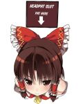  1girl :&gt; ascot bangs bare_shoulders benikurage_(cookie) benjamin_button_suukina_jinsei bow brown_eyes brown_hair closed_mouth cookie_(touhou) cropped_torso detached_sleeves english_commentary eyebrows_visible_through_hair frilled_bow frills from_above hair_bow hair_tubes hakurei_reimu head light_blush looking_at_viewer red_bow red_shirt shirt simple_background sleeveless sleeveless_shirt solo third-party_edit touhou upper_body white_background white_sleeves yellow_ascot 
