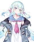  1girl axolotl_girl bangs blue_eyes blue_hair blush collarbone flat_chest head_tilt highres hood hooded_jacket jacket lee_on liquid_hair long_hair neckerchief nijisanji nijisanji_kr off_shoulder pink_neckerchief sailor_collar sleeves_past_wrists smile solo teacup_(teacup1031) very_long_hair virtual_youtuber white_background 