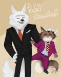  2022 anthro black_nose bottomwear canid canine canis clothing coffeestripes domestic_cat duo eyes_closed felid feline felis hi_res illumination_entertainment jerry_(sing) jimmy_crystal male mammal necktie pants shirt sing_(movie) size_difference suit text topwear white_body wolf 