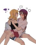  2girls =3 bare_legs black_tank_top blonde_hair blush blush_visible_through_hair braid closed_mouth commentary_request crown_braid denim denim_shorts embarrassed eye_contact feet_out_of_frame heart highres long_hair looking_at_another love_live! love_live!_sunshine!! medium_hair multiple_girls ohara_mari orange_eyes pink_shirt red_hair red_shorts saki_rkaina sakurauchi_riko shirt short_sleeves shorts simple_background sitting sitting_on_lap sitting_on_person smile tank_top white_background yuri 