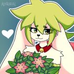  &lt;3 alistorial anthro bell bouquet collar digital_media_(artwork) elia_(alistorial) female flower flower_bouquet fur green_body green_eyes green_fur hi_res legendary_pok&eacute;mon mammal nintendo plant pok&eacute;mon pok&eacute;mon_(species) shaymin simple_background sky_forme_shaymin solo video_games watermark white_body 