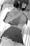  1girl bag blurry blurry_background blush bra bra_visible_through_clothes breasts carrying_bag choker collared_shirt from_side greyscale heart highres large_breasts monochrome necktie original pleated_skirt ryouma_(galley) school_bag school_uniform shirt shirt_tucked_in short_hair short_sleeves skirt solo standing underwear zoom_layer 