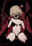  1girl bangs blonde_hair completely_nude convenient_censoring covered_face darkness embodiment_of_scarlet_devil flat_chest garasuno hair_ribbon highres kneeling looking_at_viewer navel nude outstretched_arms red_eyes red_ribbon ribbon rumia shadow short_hair solo spread_arms thighs touhou youkai 