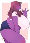  anthro big_breasts big_butt bodily_fluids bottomwear breasts brown_hair butt candy claws clothed clothing crop_top curvy_figure deltarune dessert dinosaur female food freckles hair hair_over_eyes hi_res holding_candy holding_food holding_lollipop holding_object hotpants huge_breasts lollipop midriff nipple_outline nipples non-mammal_breasts non-mammal_nipples obscured_eyes portrait pose purple_body purple_scales reptile saliva saliva_string scales scalie shirt short_tail shorts side_view simple_background solo susie_(deltarune) thick_tail thick_thighs three-quarter_portrait topwear underchikichan undertale_(series) video_games voluptuous 