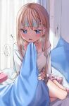  1girl aoba_miu bed bed_sheet blonde_hair blue_bra blue_eyes blue_nails blush bra bra_strap breasts chigusa_minori commentary_request curtains hair_down hand_on_own_face highres long_hair looking_at_viewer medium_breasts off_shoulder on_bed original pillow shirt sick socks striped striped_legwear t-shirt thighs tissue_box translated under_covers underwear white_shirt 