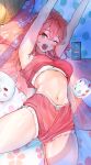  1girl 35p_(sakura_miko) arms_up bangs bra cellphone eyebrows_visible_through_hair green_eyes hair_between_eyes highres hololive long_hair lying naka1379 navel on_back on_bed one_eye_closed phone pink_hair sakura_miko sleepwear stretch underwear virtual_youtuber waking_up white_bra yawning 