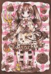  bow brown_dress brown_eyes brown_hair candy chocolate collared_dress demon_tail dress food fork fruit heart heart-shaped_chocolate macaron moyo_(k1rakira) orange_(fruit) original oversized_object pink_bow strawberry striped striped_legwear tail twintails wings 