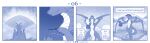  blue_and_white coin comic dancing detailed_background dialogue dragon english_text feral gold_(metal) hi_res horn larger_feral male monochrome singing size_difference text vavacung wings 